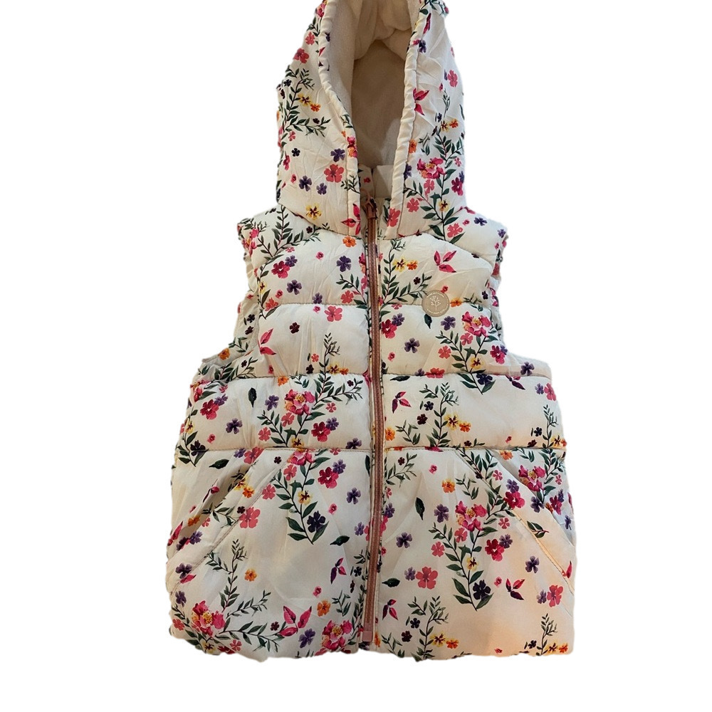 Zara Hooded Floral Zip Puffer Vest Cream Toddler Size 3-4Y